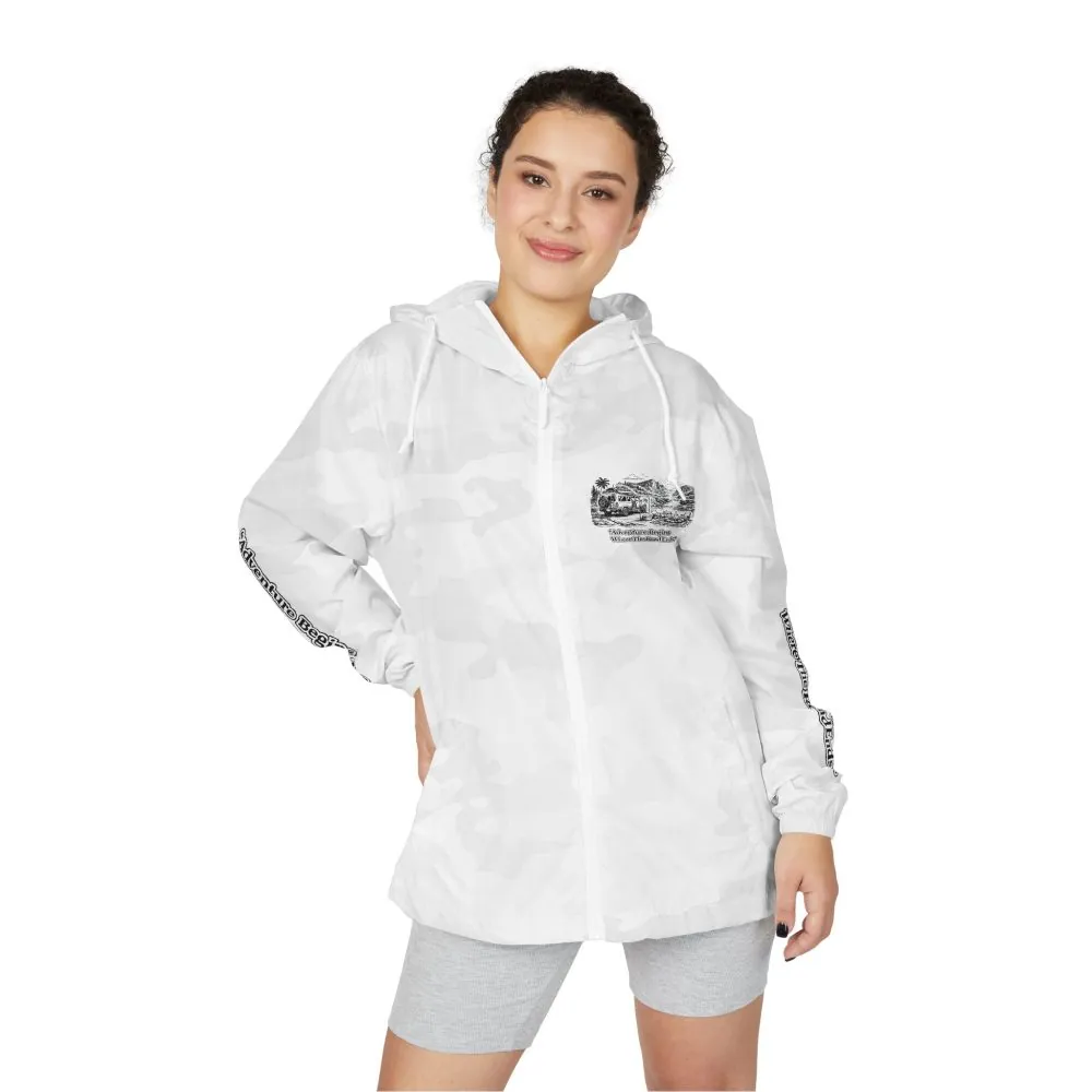Unisex Full-Zip Windbreaker Jacket — "Adventure Begins Where Roads End" (Design "Minimal-Line")