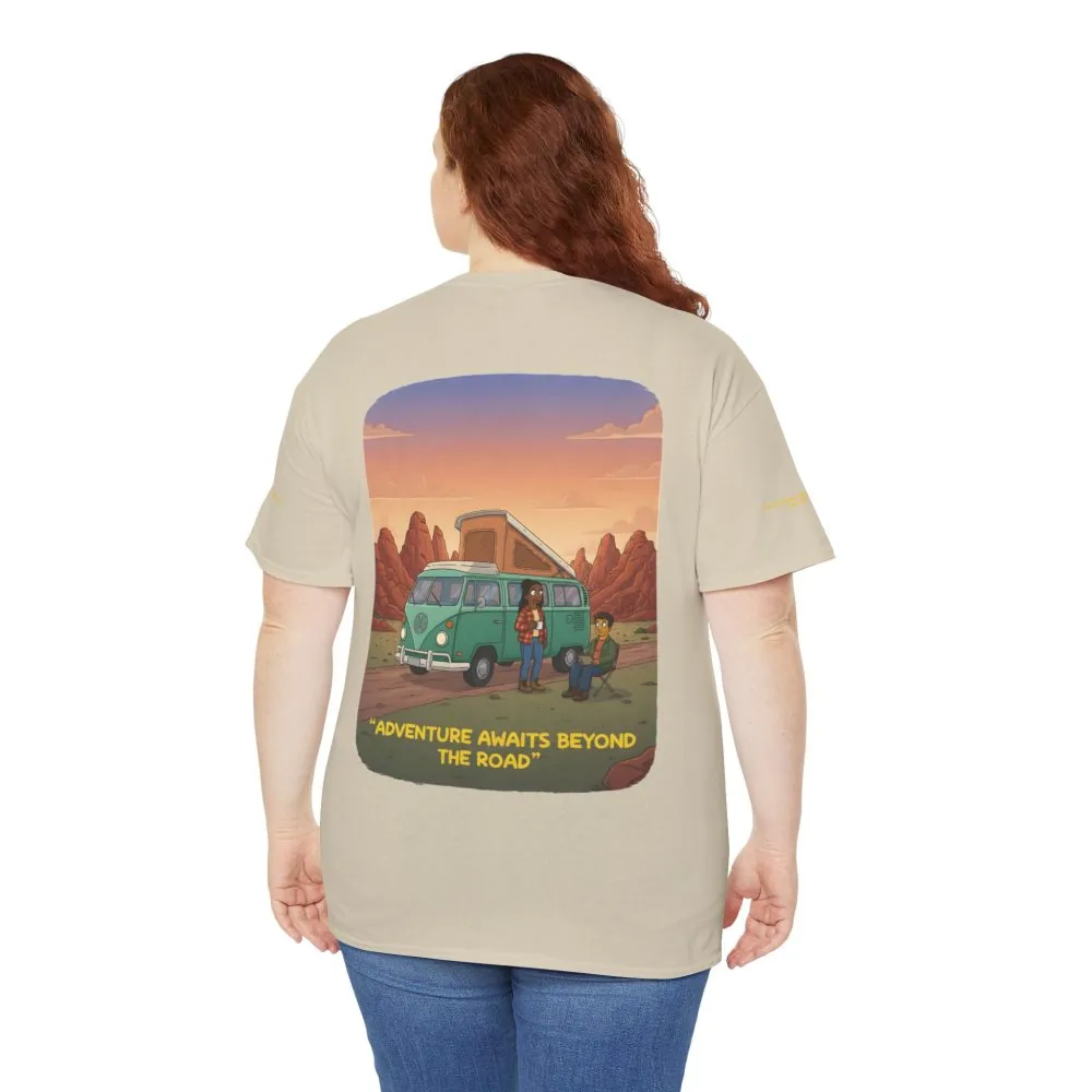 Unisex Heavy Cotton Tee — "Adventure Awaits Beyond The Road" Design Sitcom-Line