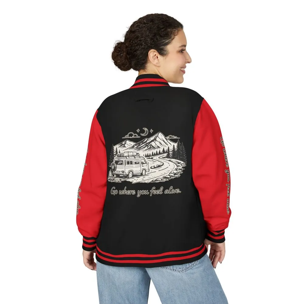 Unisex Heavyweight Letterman Jacket — "Go Where You Feel Alive" Travel Varsity Coat