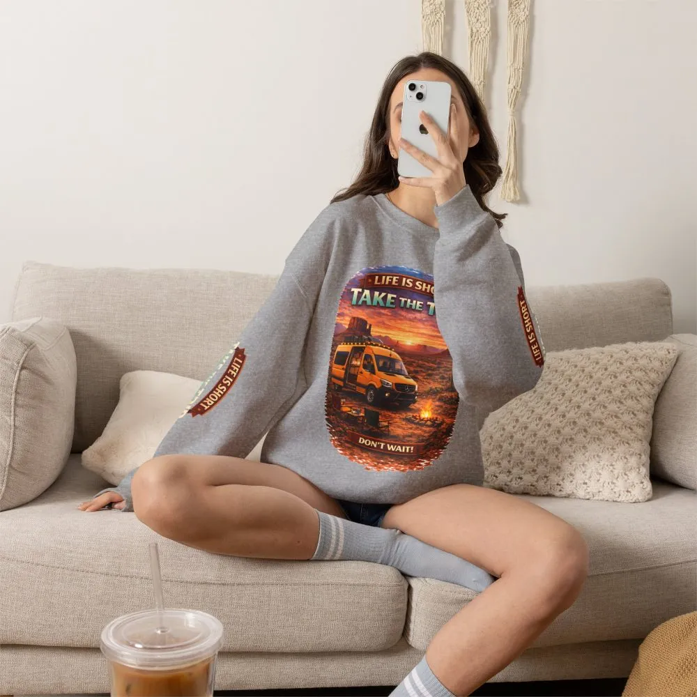Unisex Heavy Blend™ Crewneck Sweatshirt — "Live Is Short Take The Trip" Design Scenic-Line