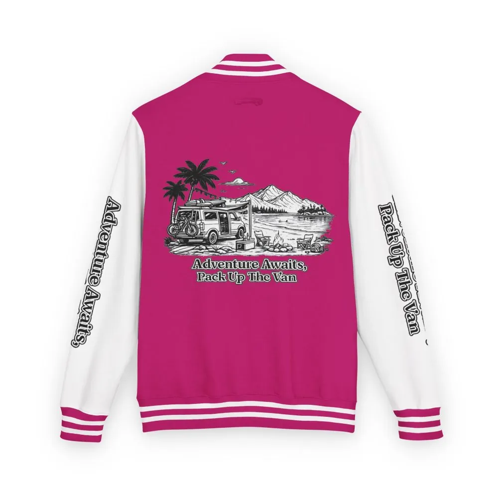 Unisex Heavyweight Letterman Jacket — "Adventure Awaits,Pack Up The Van" Travel Varsity Coat