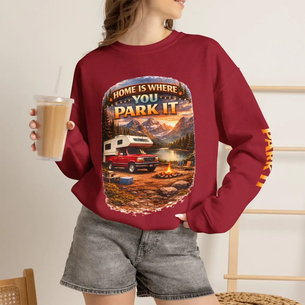 Unisex Heavy Blend™ Crewneck Sweatshirt — "Home Is Where You Park It" Design Scenic-Line
