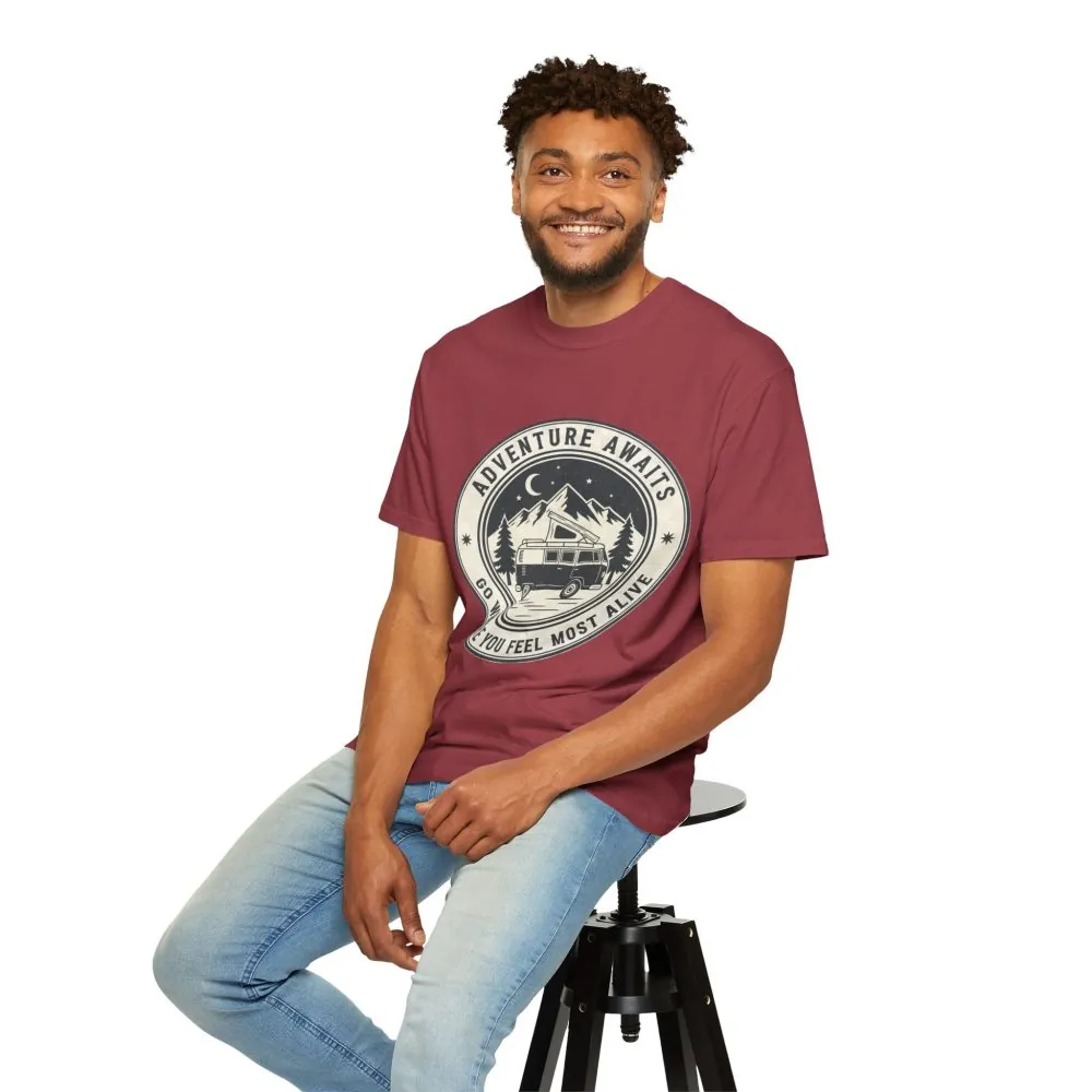 T-Shirt — "Adventure Awaits-Go Where You Feel Most Alive" (Only Front Printed) Outdoor Travel Tee