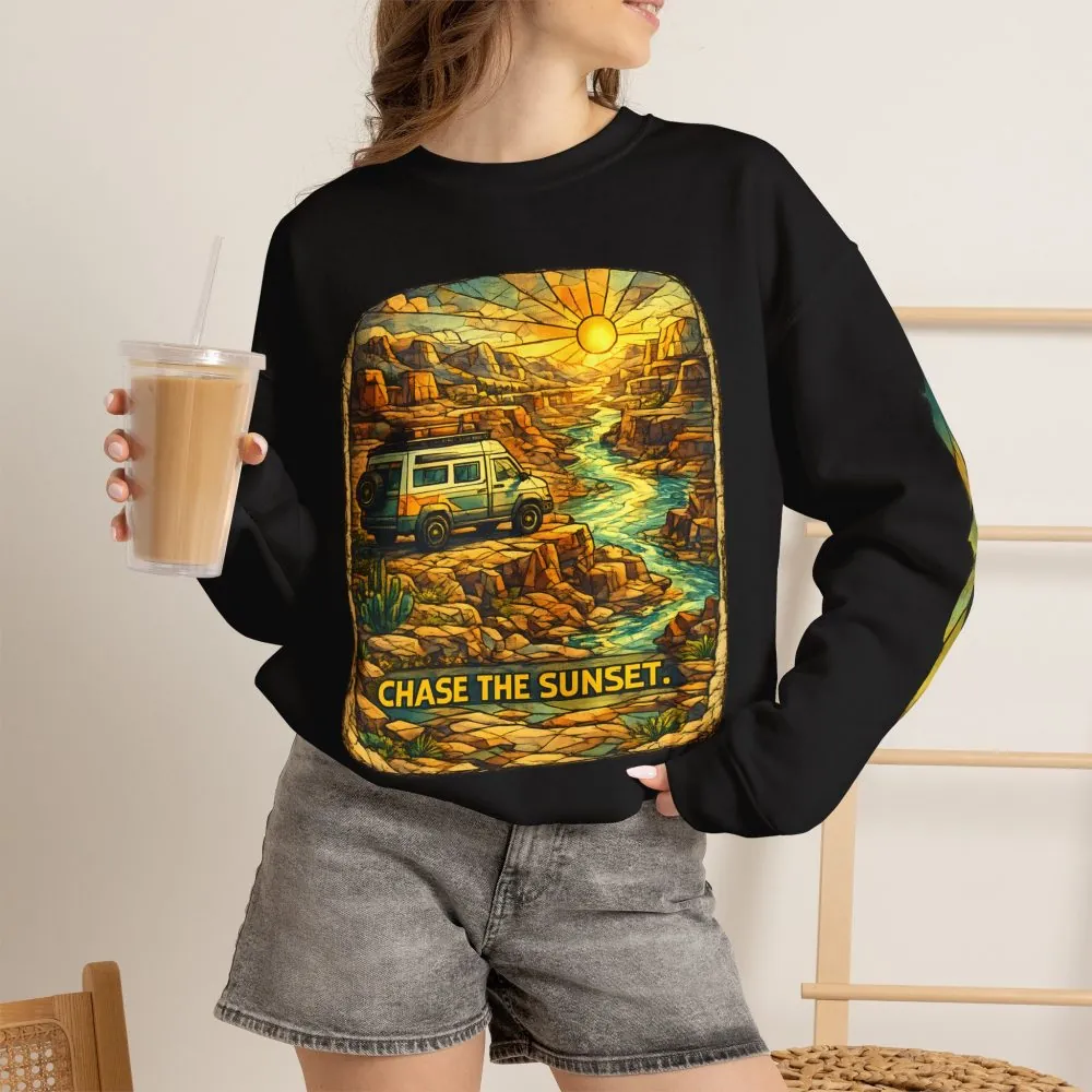 Unisex Heavy Blend™ Crewneck Sweatshirt — "Chase The Sunset" Design Cubic-Line