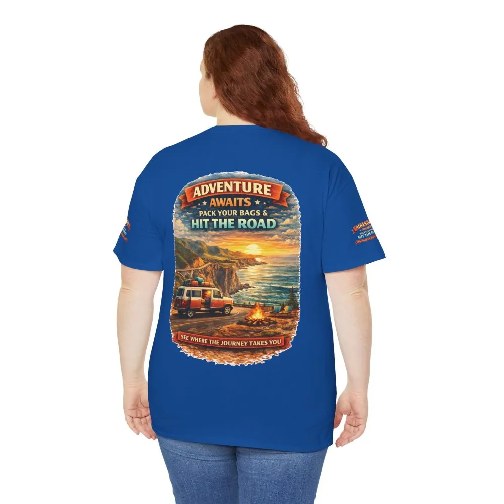 Unisex Heavy Cotton Tee — "Adventure Awaits-Pack Your Bags" Design Scenic-Line
