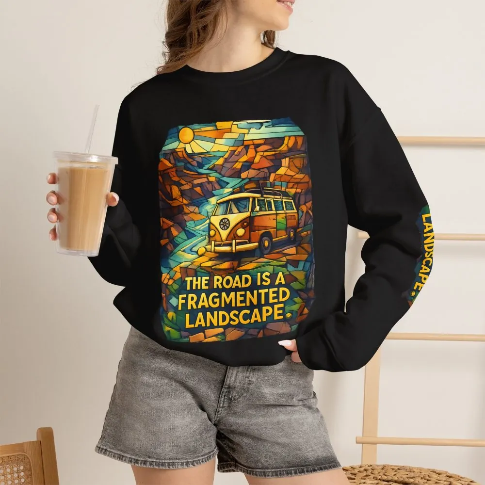 Unisex Heavy Blend™ Crewneck Sweatshirt — "The Road Is A Fragmented Landscape" Design Cubic-Line