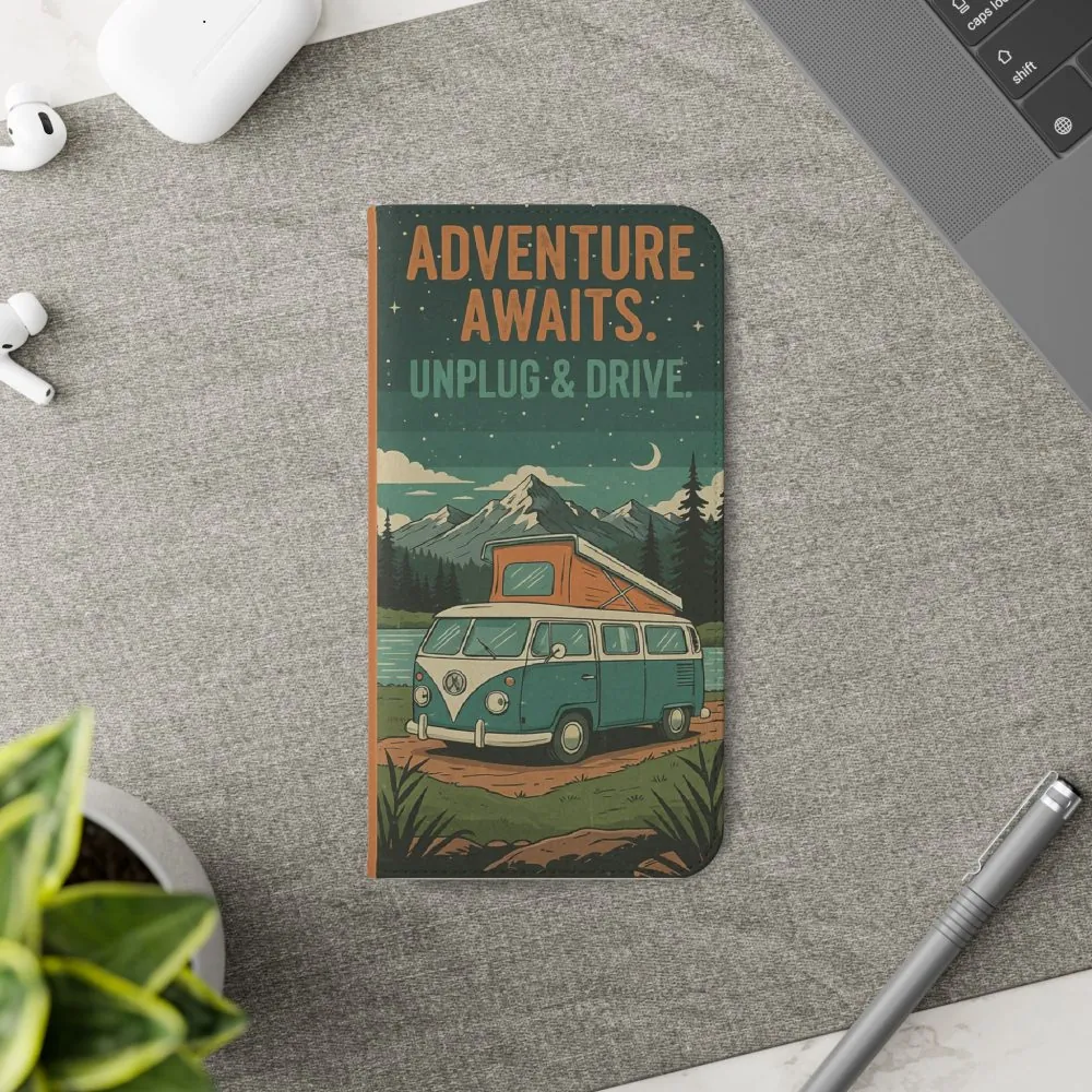Flip Phone Case — "Adventure Awaits Unplug & Drive" Wallet Case