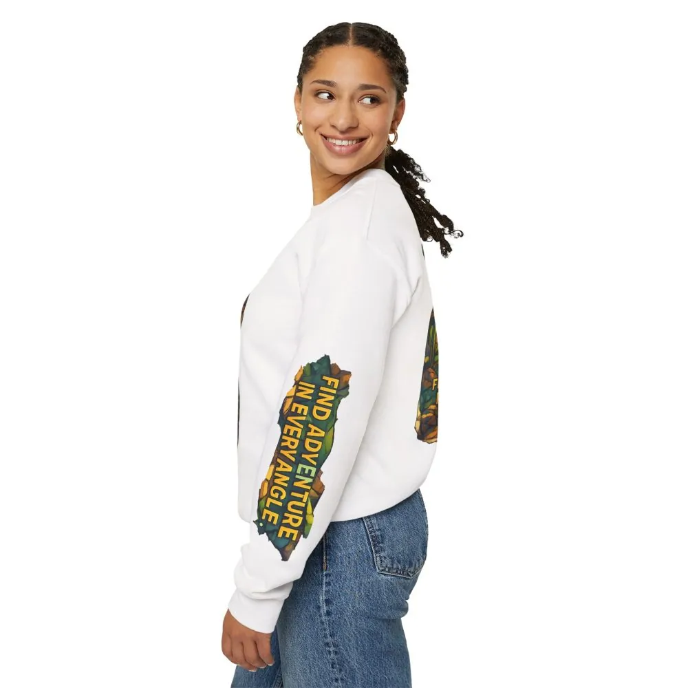 Unisex Heavy Blend™ Crewneck Sweatshirt — "Find Adventure In Every Corner" Design Cubic-Line