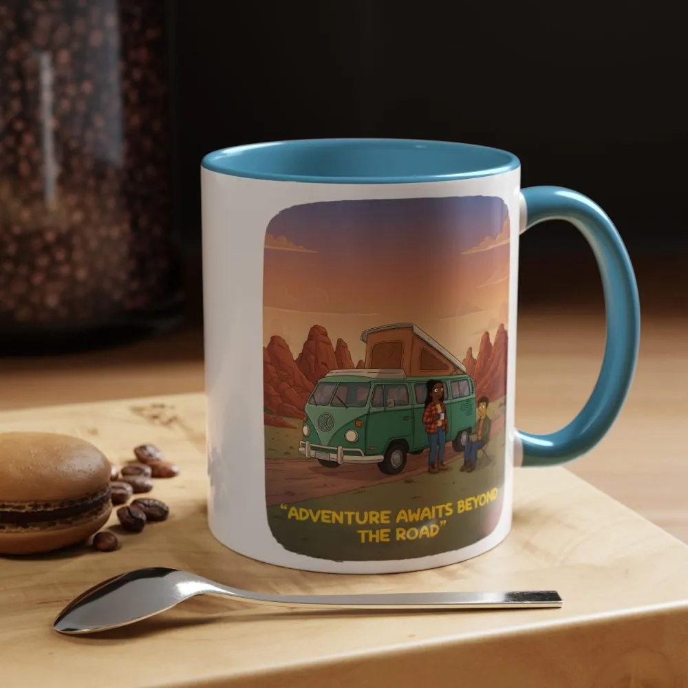 Accent Coffee Mug (11, 15oz) — "Adventure Awaits Beyond The Road" Design Sitcom-Line