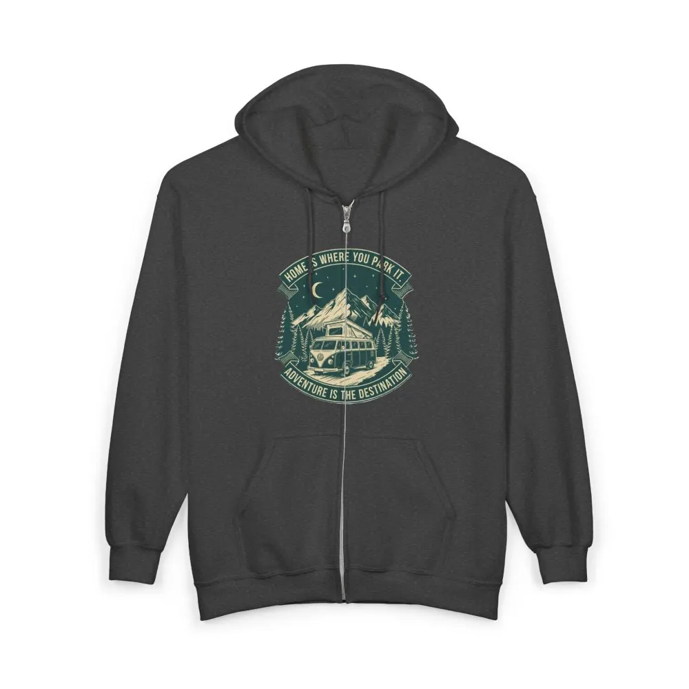 16710471298134279428_2048.jpeg Zip Hoodie — "Home Is Where You Park It-Adventure is the destination"(Front + Back Printed) Camper Van Adventure Zip-Up