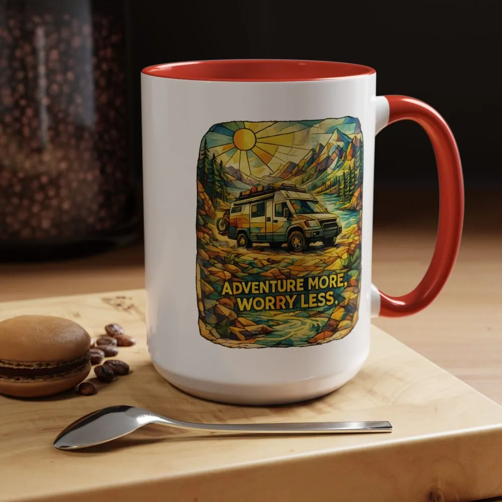 Accent Coffee Mug (11, 15oz) — "Adventure More Worry Less" Design Cubic-Line