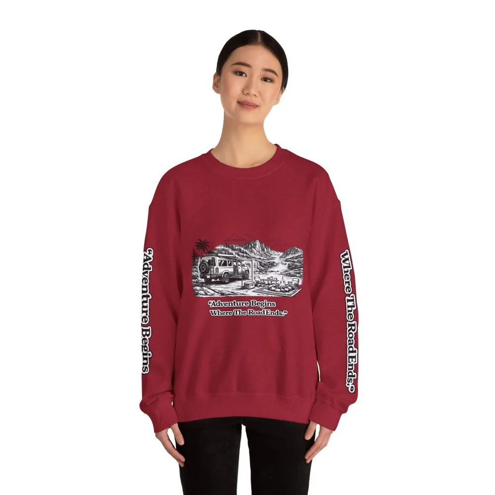 Unisex Heavy Blend™ Crewneck Sweatshirt — "Adventure Begins Where The Road Ends" Design Minimal-Line