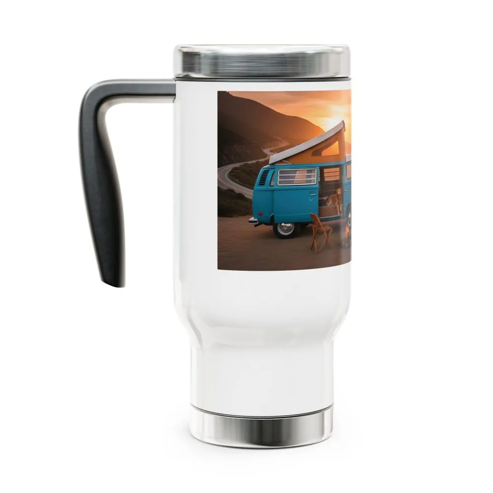 Stainless Steel Travel Mug with Handle, 14oz — "Chase the Sun, Find Yourself"