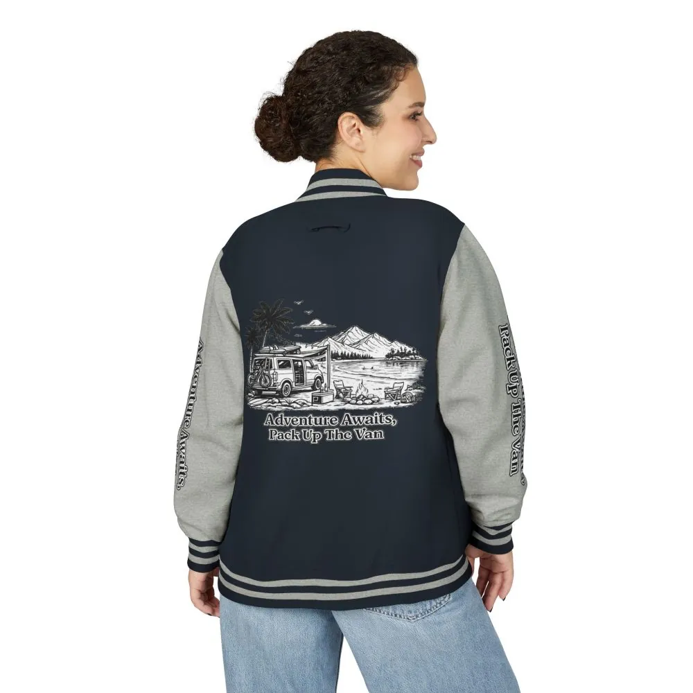 Unisex Heavyweight Letterman Jacket — "Adventure Awaits,Pack Up The Van" Travel Varsity Coat