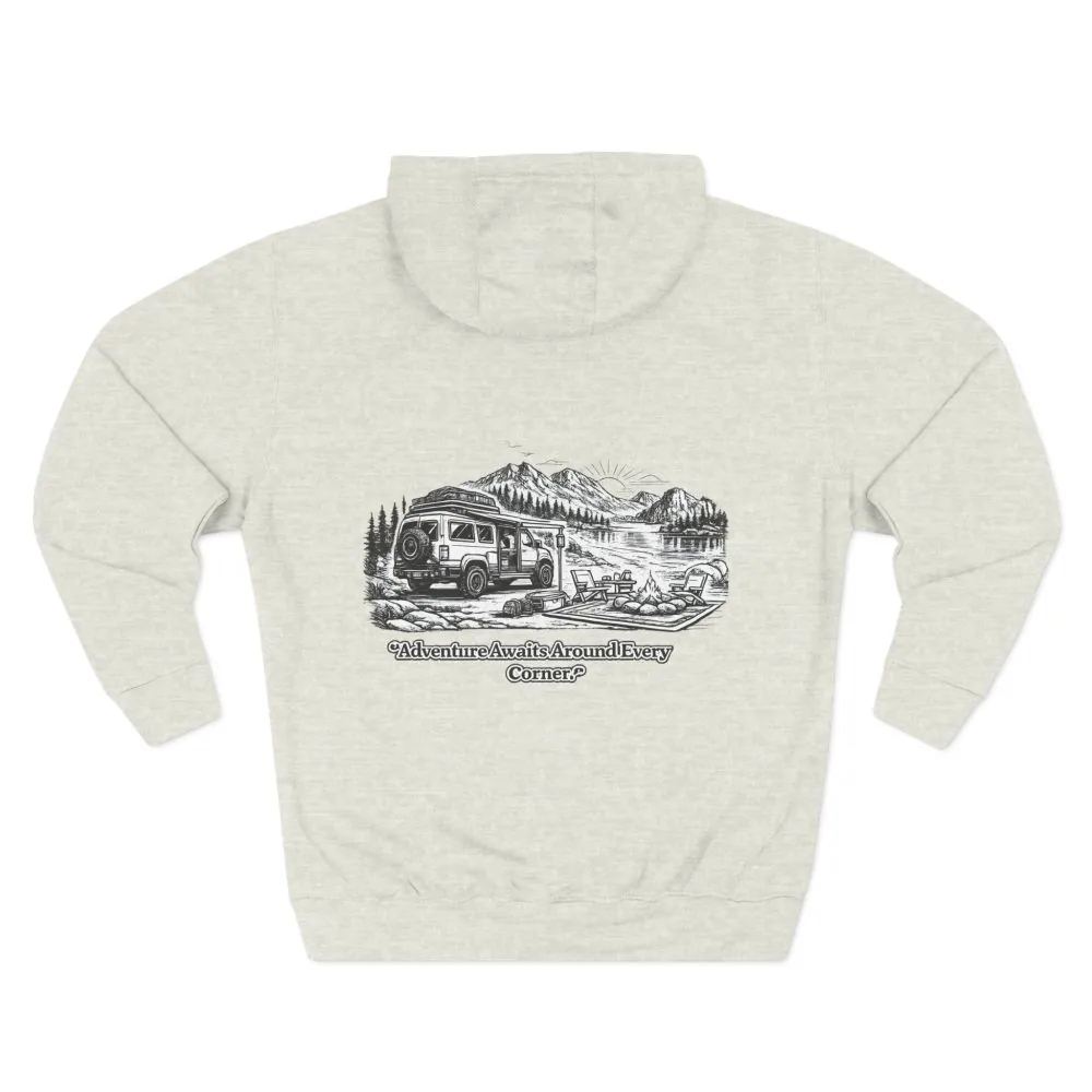 16750204960575996949_2048.jpeg Three-Panel Fleece Hoodie - "Adventure Awaits Around Every Corner" Design Minimal-Line
