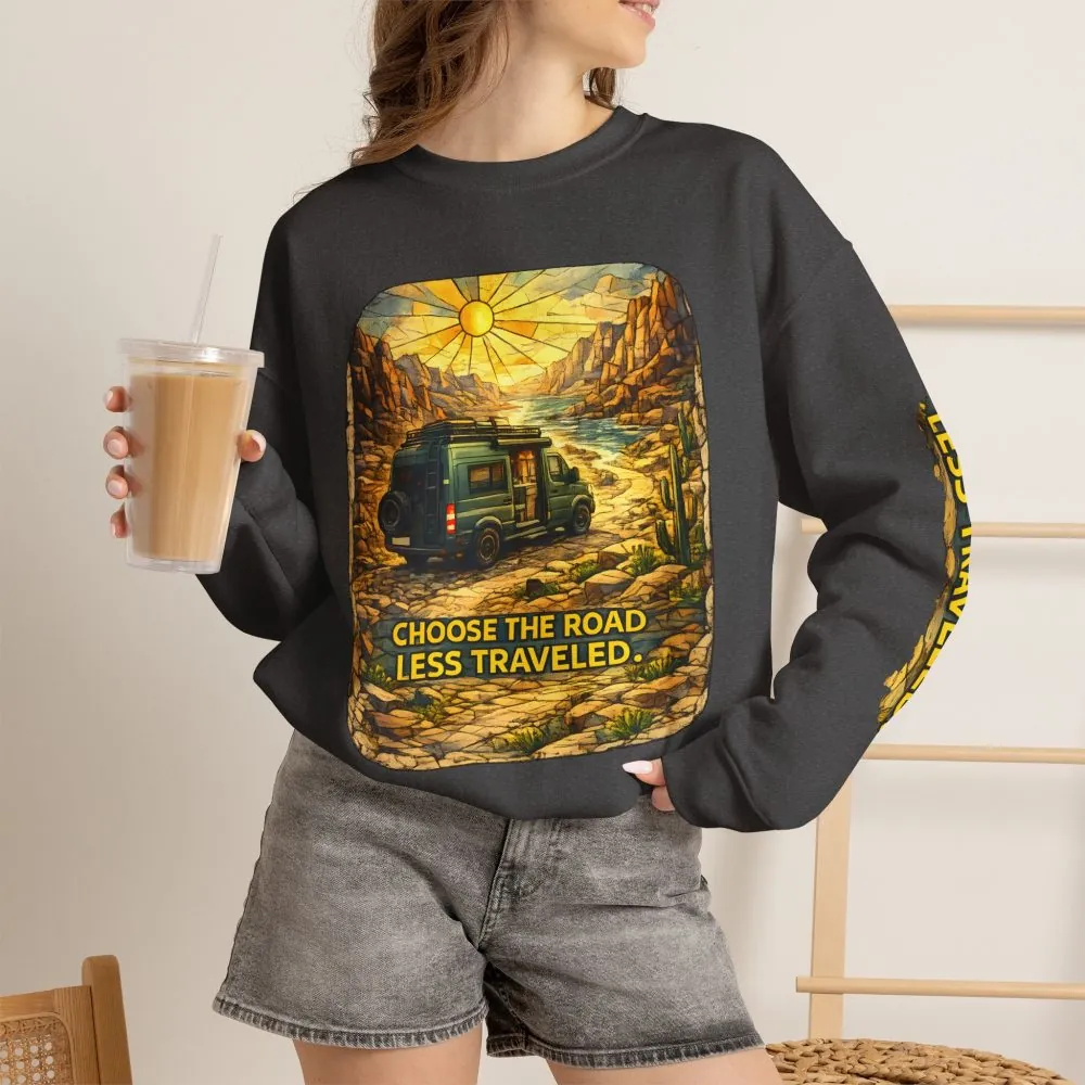 Unisex Heavy Blend™ Crewneck Sweatshirt — "Choose The Road Less Traveled" Design Cubic-Line
