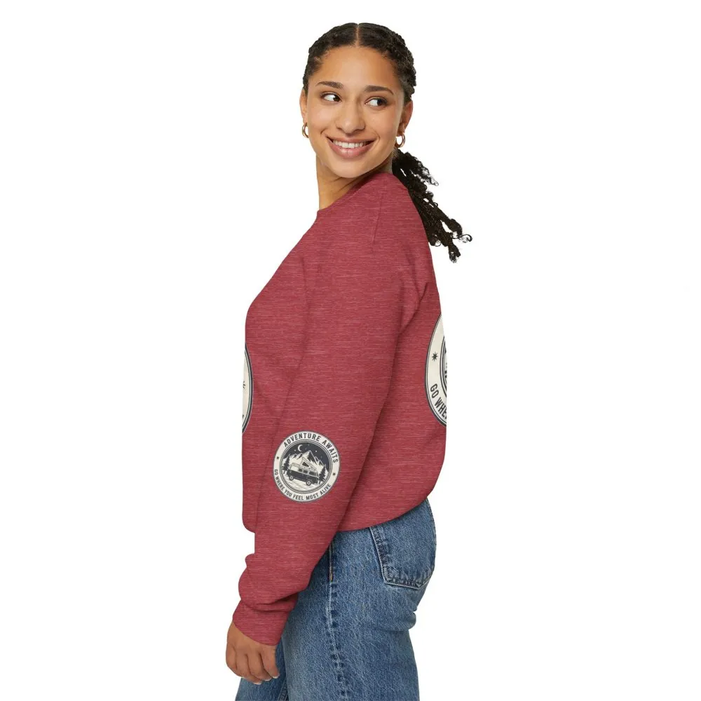 Crewneck Sweatshirt — "Adventure Awaits-Go Where You Feel Most Alive" (Font + Back + Sleaves printed) Vintage Camper Van Outdoor Graphic