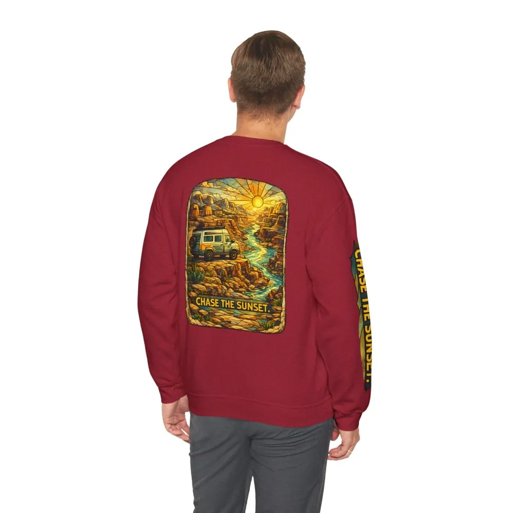 Unisex Heavy Blend™ Crewneck Sweatshirt — "Chase The Sunset" Design Cubic-Line