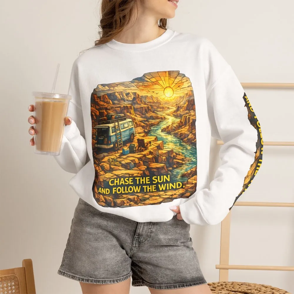 Unisex Heavy Blend™ Crewneck Sweatshirt — "Chase The Sun And Follow The Wind" Design Cubic-Line