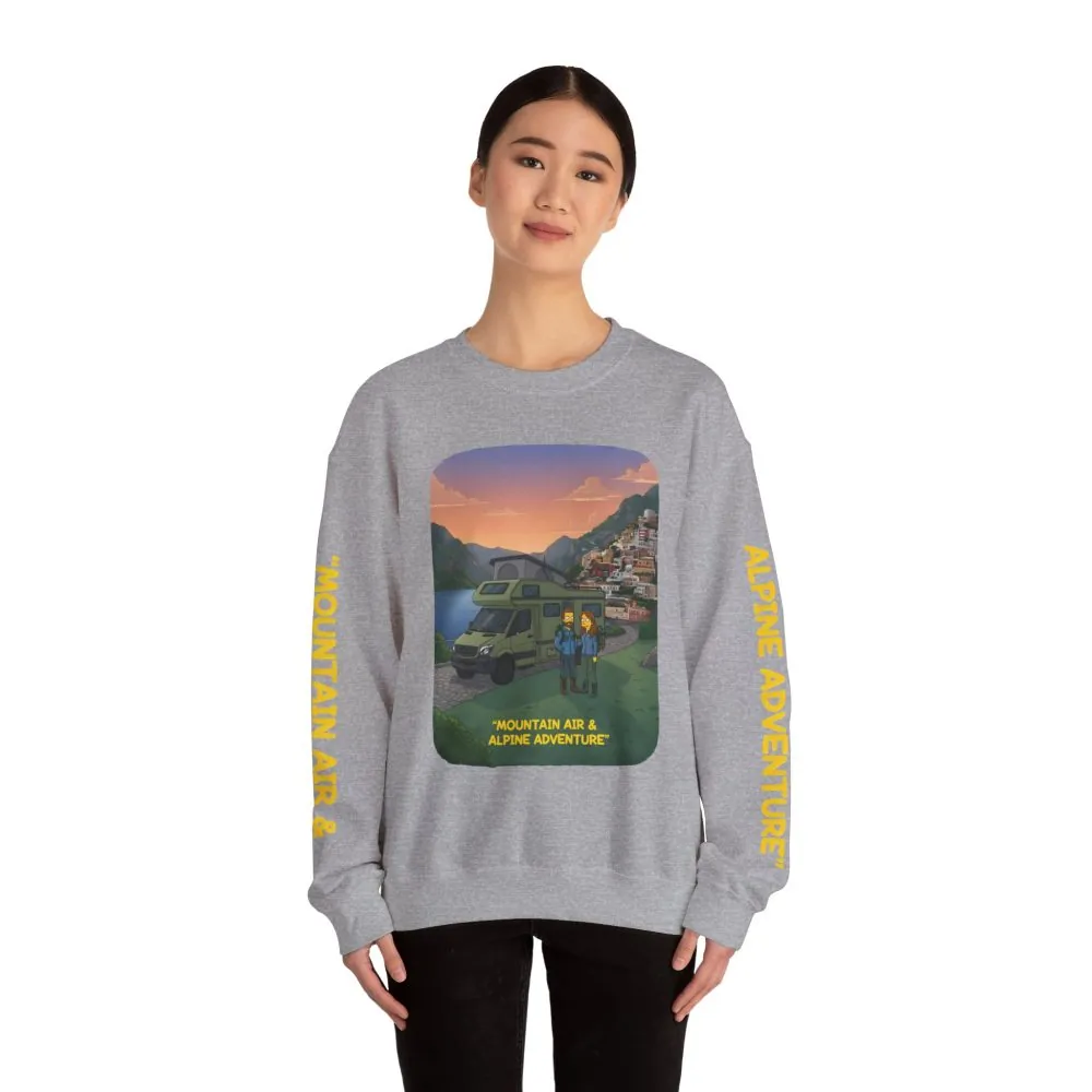 Unisex Heavy Blend™ Crewneck Sweatshirt — "Mountain Air And Alpine Adventure"" Design Sitcom-Line