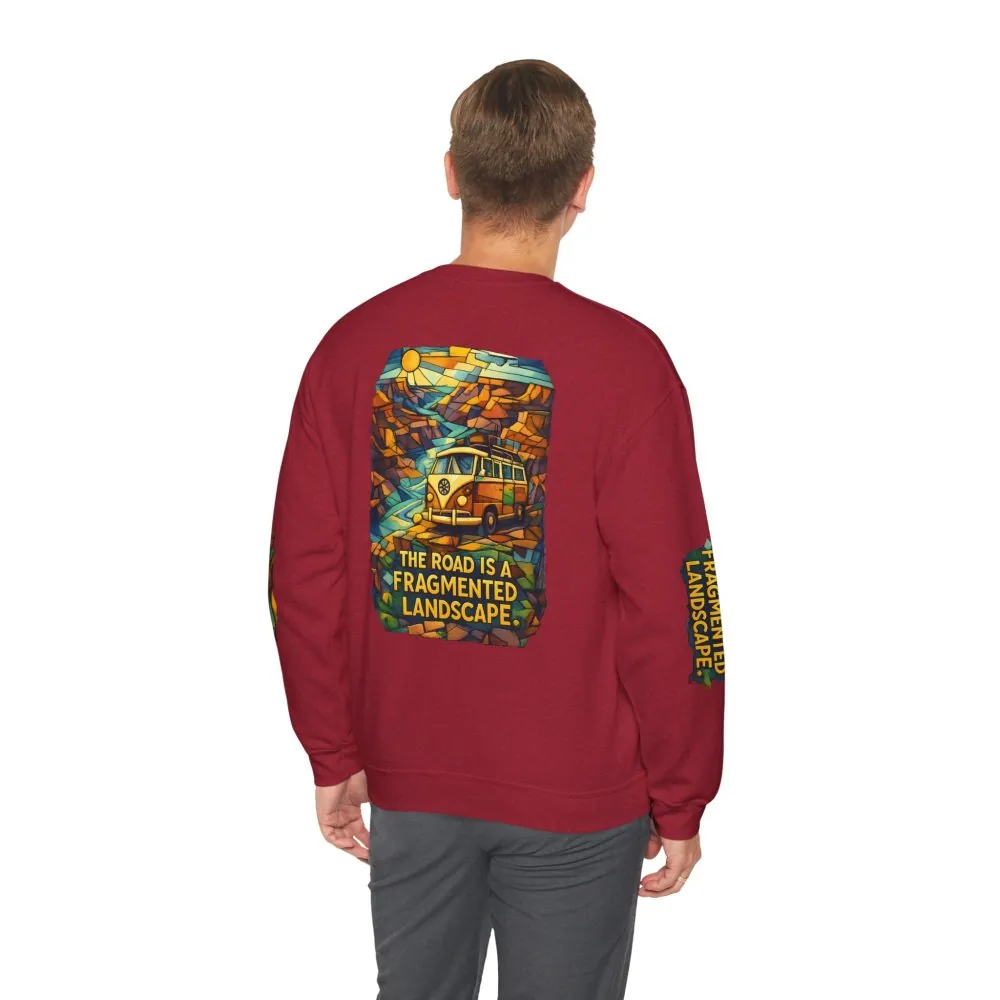 Unisex Heavy Blend™ Crewneck Sweatshirt — "The Road Is A Fragmented Landscape" Design Cubic-Line