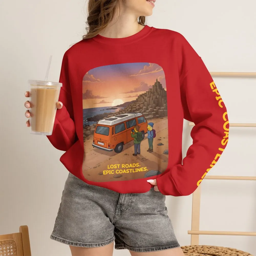 Unisex Heavy Blend™ Crewneck Sweatshirt — "Lost Roads Epic Coastlines" Design Sitcom-Line