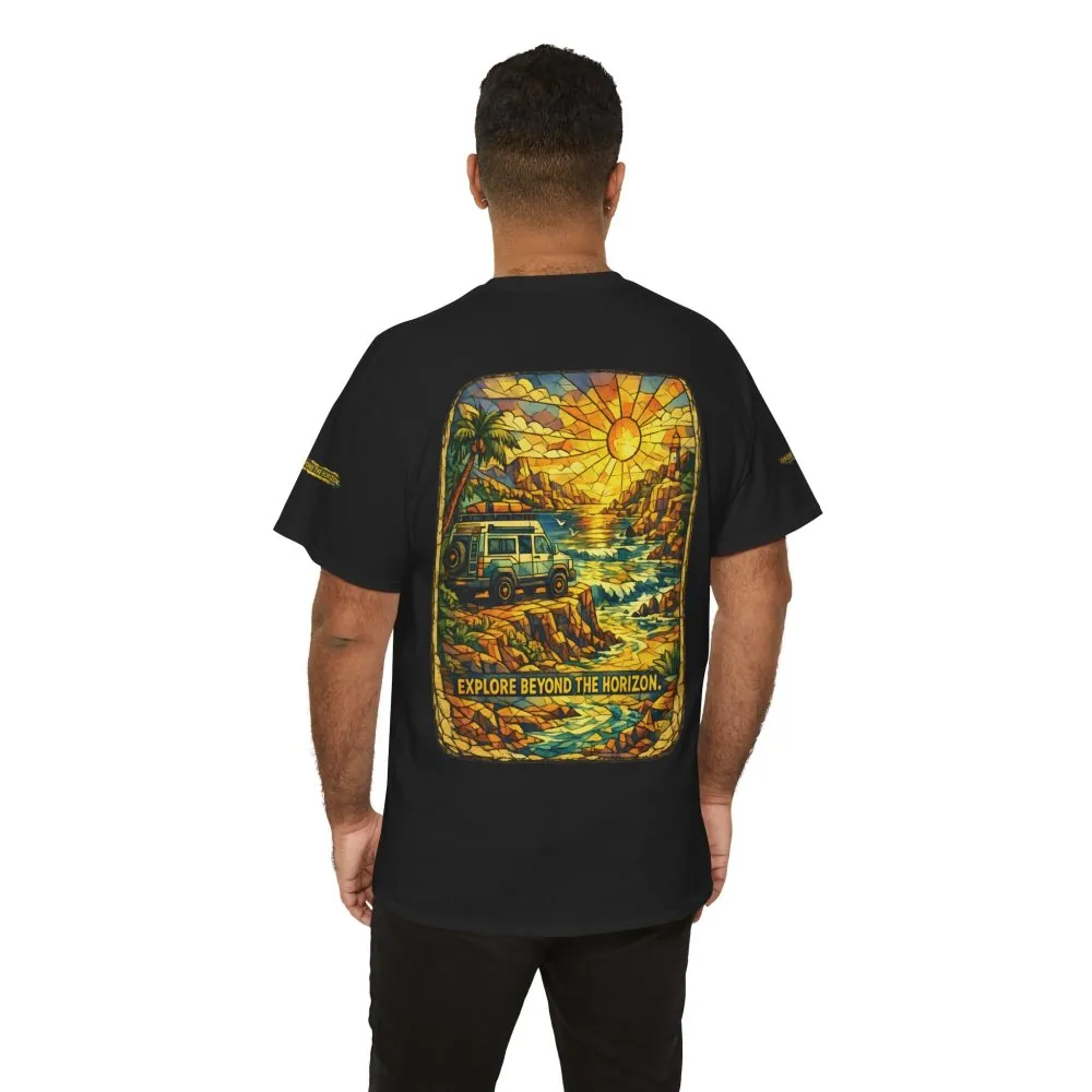 Unisex Heavy Cotton Tee — "Explore Beyond The Horizon" Design Cubic-Line