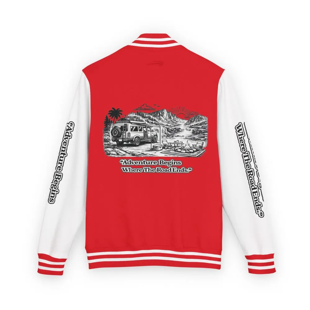 Unisex Heavyweight Letterman Jacket — "Adventure Begins Where The Road Ends" Travel Varsity Coat
