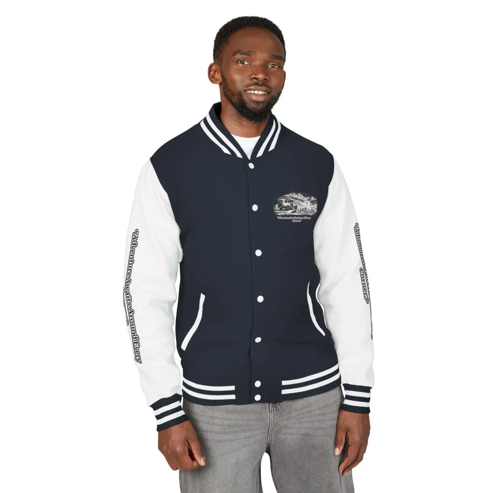 Unisex Heavyweight Letterman Jacket — "Adventure Awaits Around Every Corner" Travel Varsity Coat