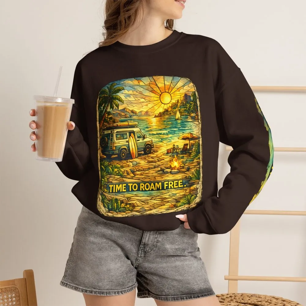 Unisex Heavy Blend™ Crewneck Sweatshirt — "Time To Roam Free" Design Cubic-Line