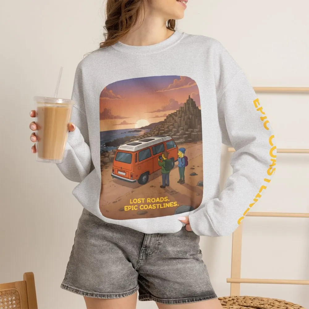 Unisex Heavy Blend™ Crewneck Sweatshirt — "Lost Roads Epic Coastlines" Design Sitcom-Line