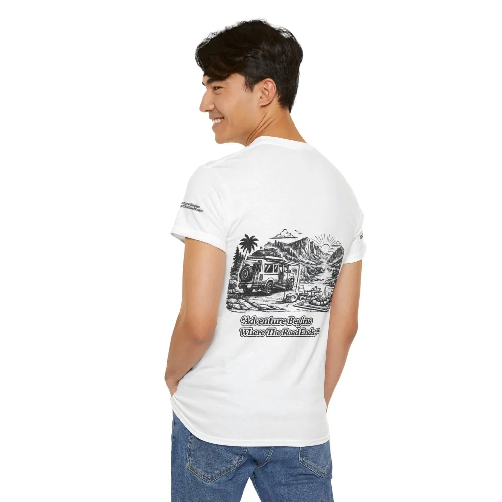 Unisex Heavy Cotton Tee — "Adventure Begins Where The Road Ends" Design Minimal-Line