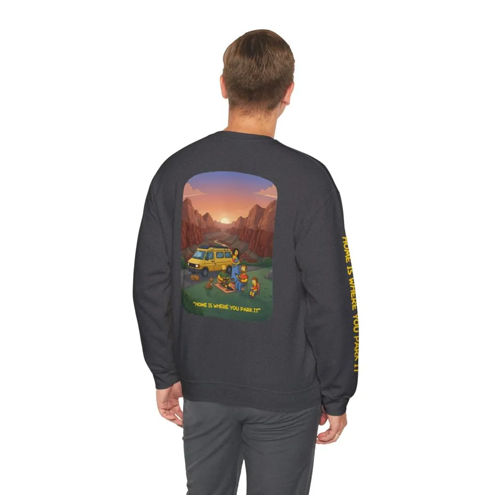 Unisex Heavy Blend™ Crewneck Sweatshirt — "Home Is Where You Park It" Design Sitcom-Line