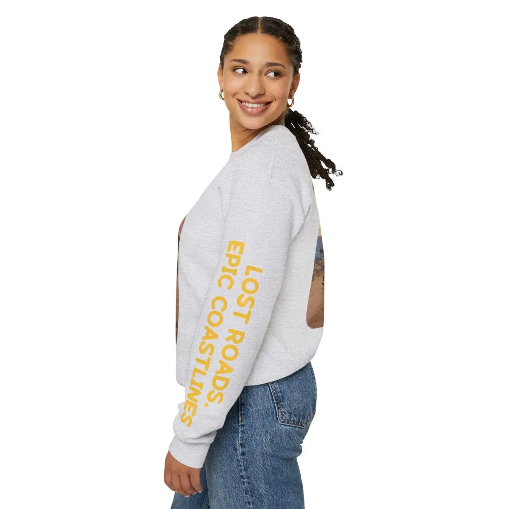 Unisex Heavy Blend™ Crewneck Sweatshirt — "Lost Roads Epic Coastlines" Design Sitcom-Line