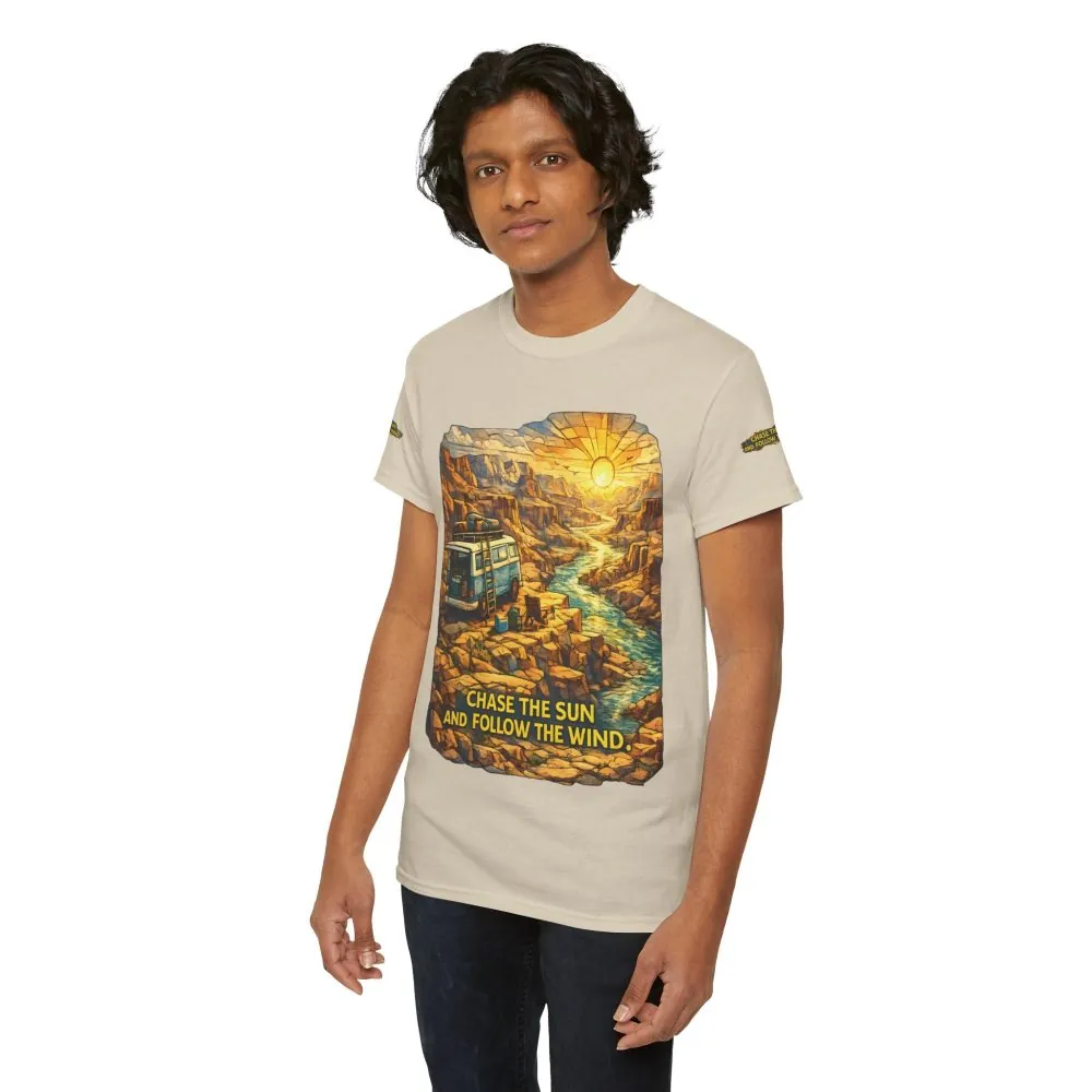 Unisex Heavy Cotton Tee — "Chase The Sun And Follow The Wind" Design Cubic-Line
