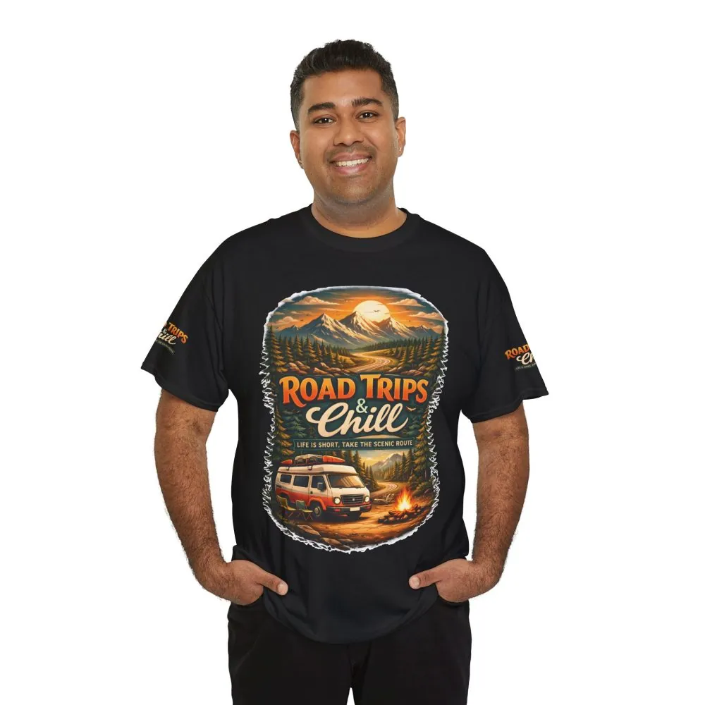 Unisex Heavy Cotton Tee — "Road Trips & Chill" Design Scenic-Line