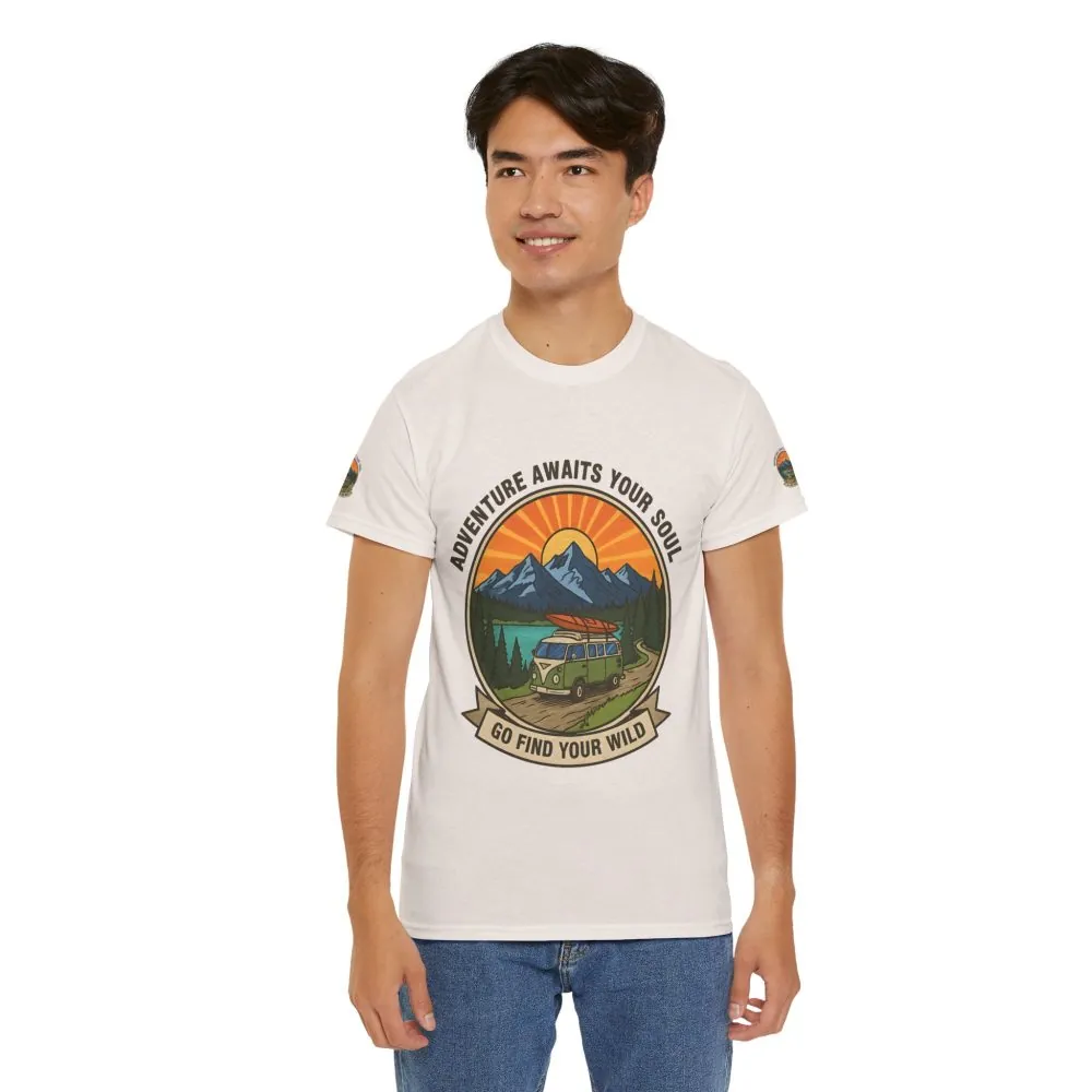 Unisex Heavy Cotton Tee — “Adventure Awaits Your Soul: Go Find Your Wild” Van & Mountain Graphic