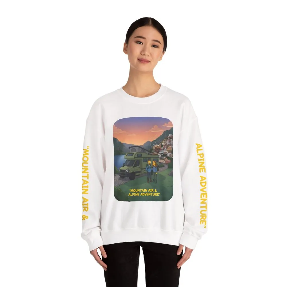 Unisex Heavy Blend™ Crewneck Sweatshirt — "Mountain Air And Alpine Adventure"" Design Sitcom-Line