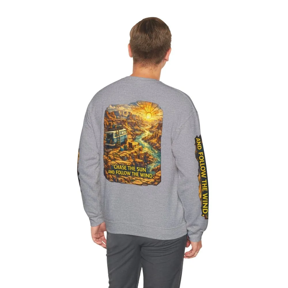 Unisex Heavy Blend™ Crewneck Sweatshirt — "Chase The Sun And Follow The Wind" Design Cubic-Line