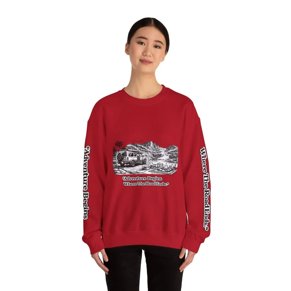 Unisex Heavy Blend™ Crewneck Sweatshirt — "Adventure Begins Where The Road Ends" Design Minimal-Line