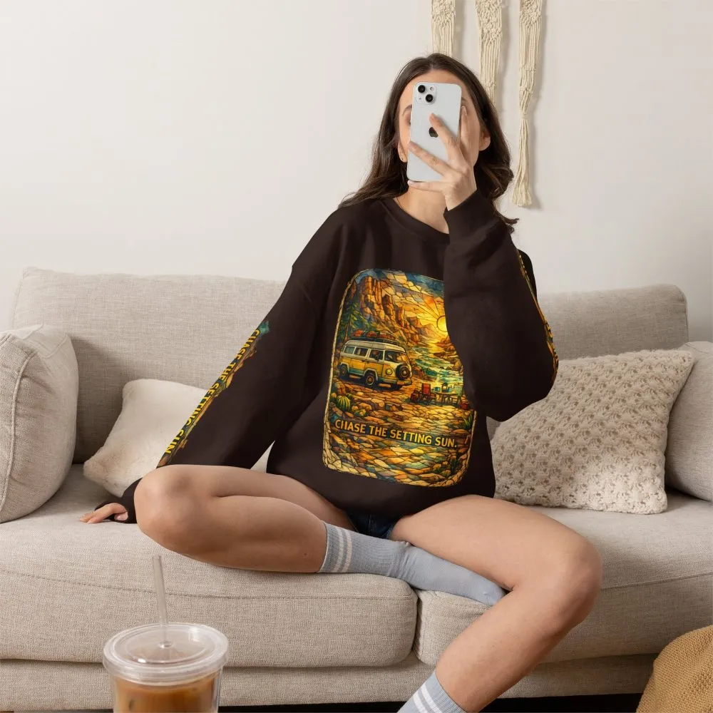 Unisex Heavy Blend™ Crewneck Sweatshirt — "Chase The Settings Sun" Design Cubic-Line