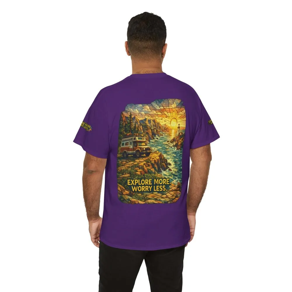 16971072426670003093_2048.jpeg Unisex Heavy Cotton Tee — "Explore More Worry Less" Design Cubic-Line