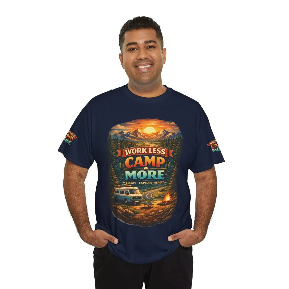 Unisex Heavy Cotton Tee — "Work Less Camp More" Design Scenic-Line