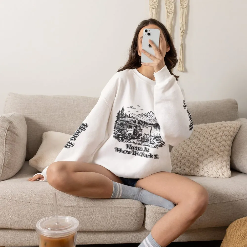 Unisex Heavy Blend™ Crewneck Sweatshirt — "Home Is Where You Park It" Design Minimal-Line