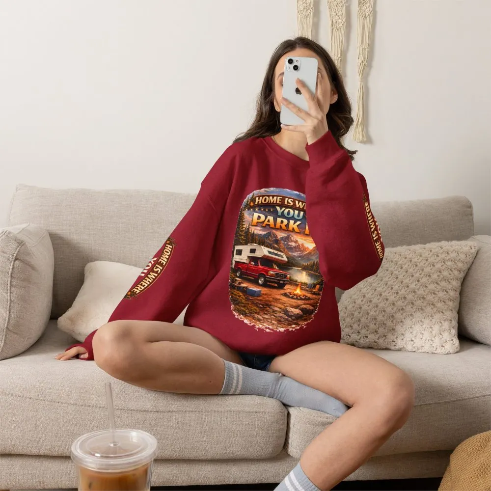Unisex Heavy Blend™ Crewneck Sweatshirt — "Home Is Where You Park It" Design Scenic-Line