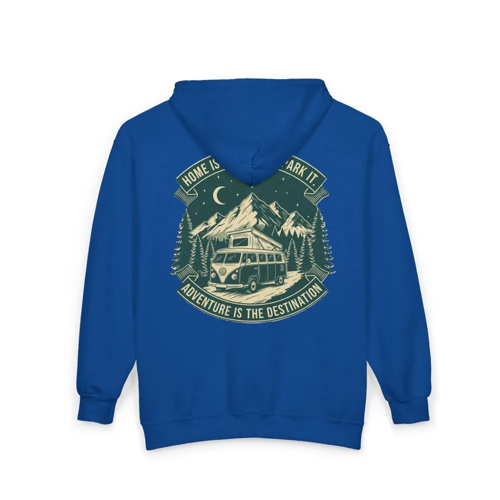 16989368521774910650_2048.jpeg Zip Hoodie — "Home Is Where You Park It-Adventure is the destination"(Front + Back Printed) Camper Van Adventure Zip-Up