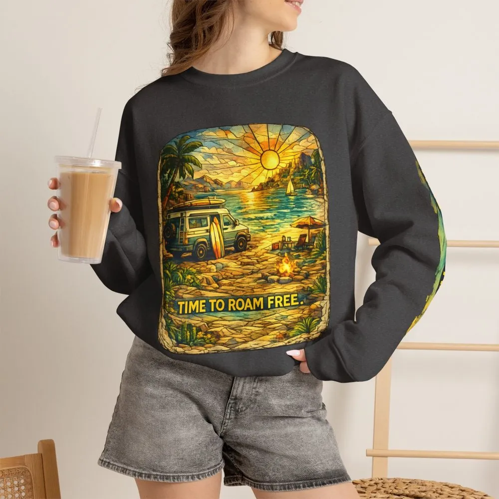 Unisex Heavy Blend™ Crewneck Sweatshirt — "Time To Roam Free" Design Cubic-Line