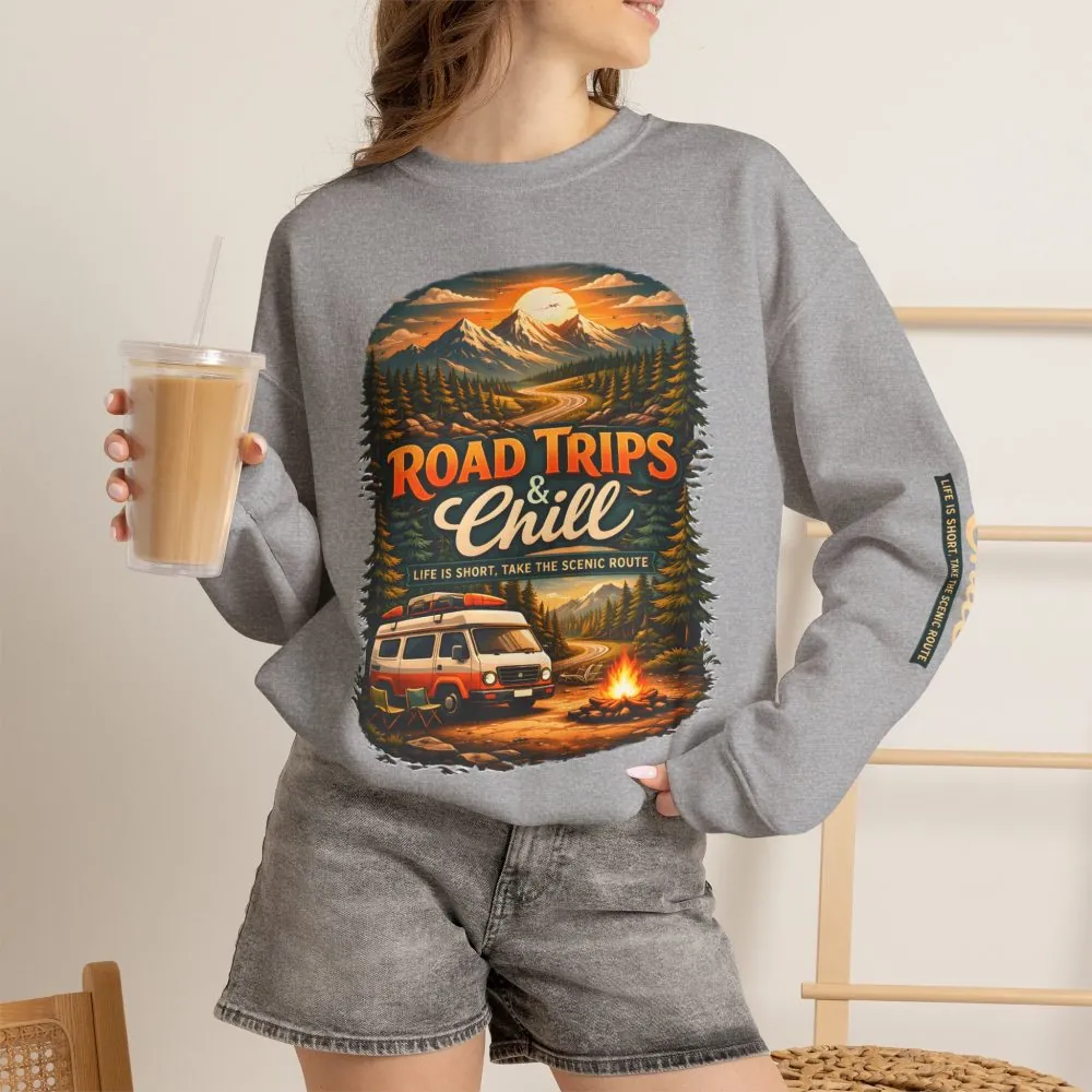 Unisex Heavy Blend™ Crewneck Sweatshirt — "Road Trips & Chill" Design Scenic-Line