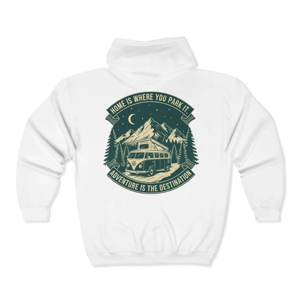 17018287870530650148_2048.jpeg Zip Hoodie — "Home Is Where You Park It-Adventure is the destination"(Front + Back Printed) Camper Van Adventure Zip-Up