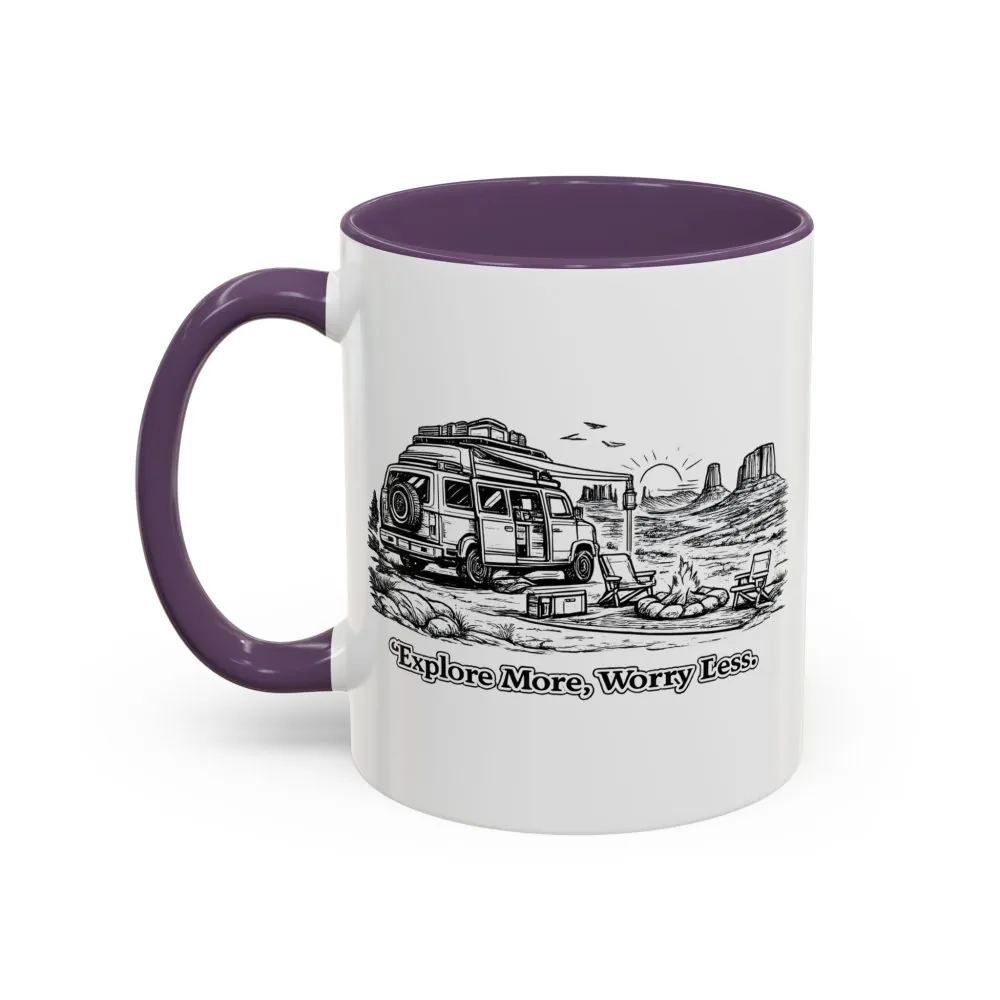 Accent Coffee Mug (11, 15oz) — "Explore More Worry Less" Design Minimal-Line